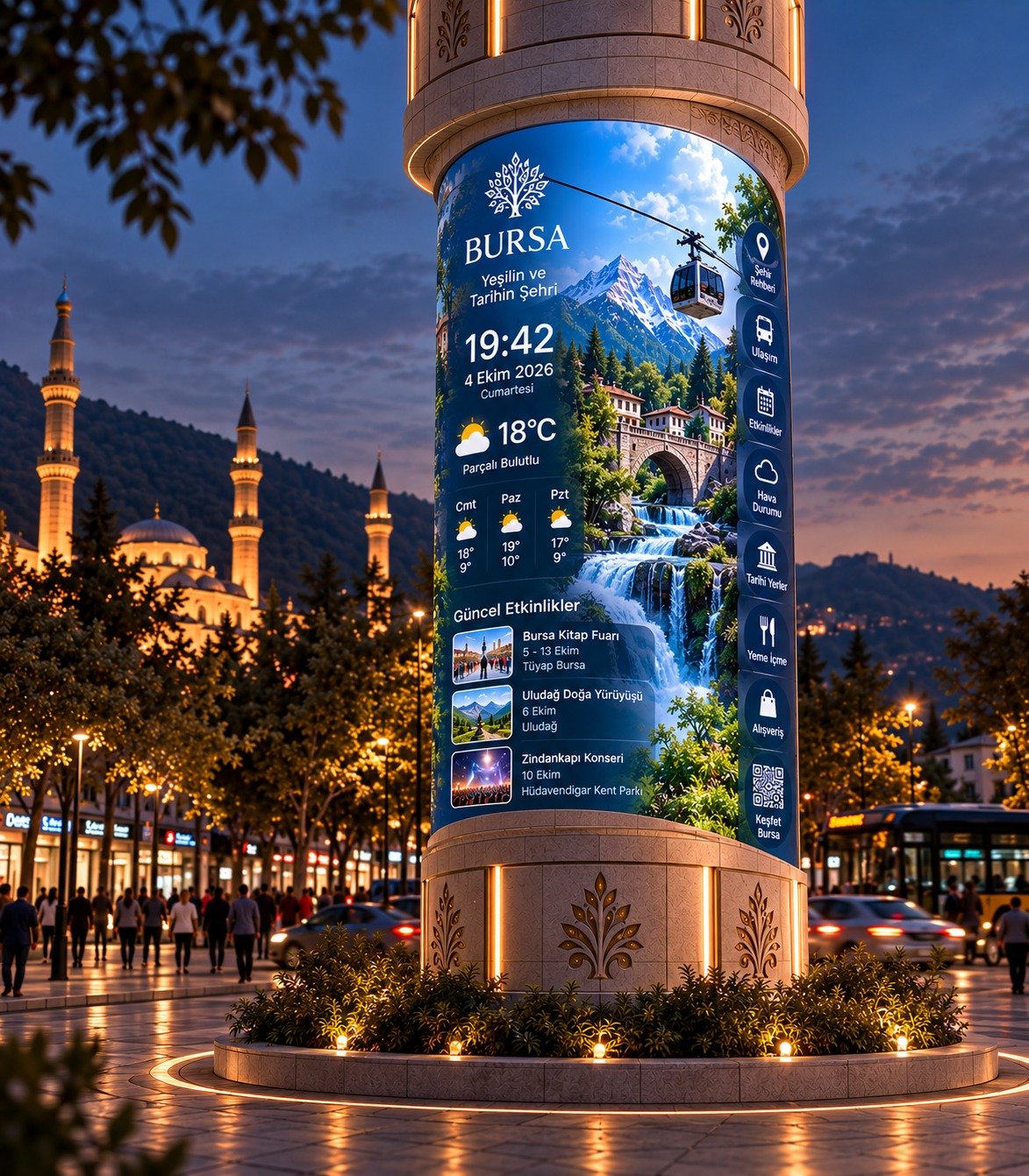 Taş dokulu alt ve üst gövde ile kavisli bilgilendirme ekranının yakın plan konsept görünümü