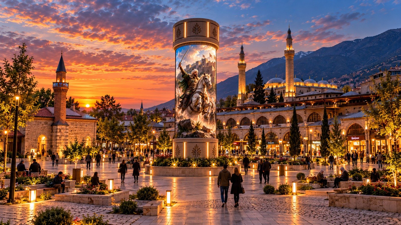 Kent meydanında tarihi çevreyle birlikte tasarlanan Dijital Şehir Totemi konsepti